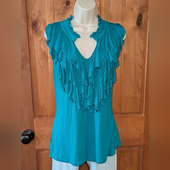 Fever Turquoise Ruffle Front Sleeveless Top - Picture 1 of 6